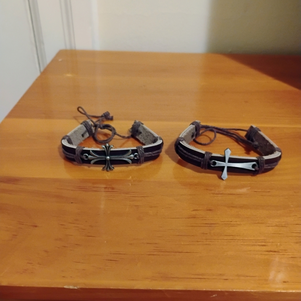 Silver Cross Leather Bracelet